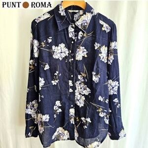 Punt Roma Navy Blue Floral Print Linen Blouse